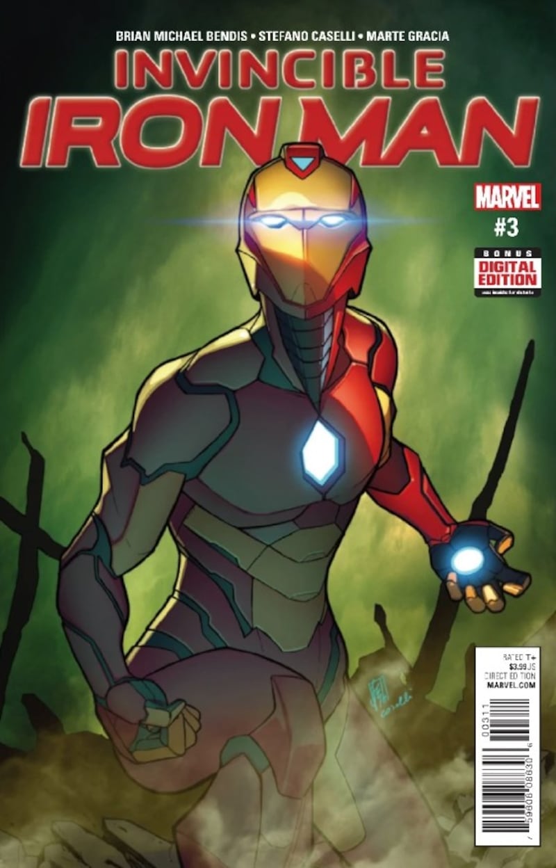 La portada del cómic Invincible Iron Man Vol. 4 #3, en la que aparece Ironheart por primera vez.