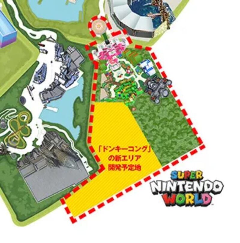 Mapa de Super Nintendo World con la zona marcada para el área temática de Donkey Kong.