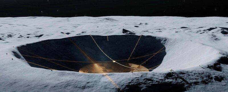 Concepto de radiotelescopio en un cráter lunar