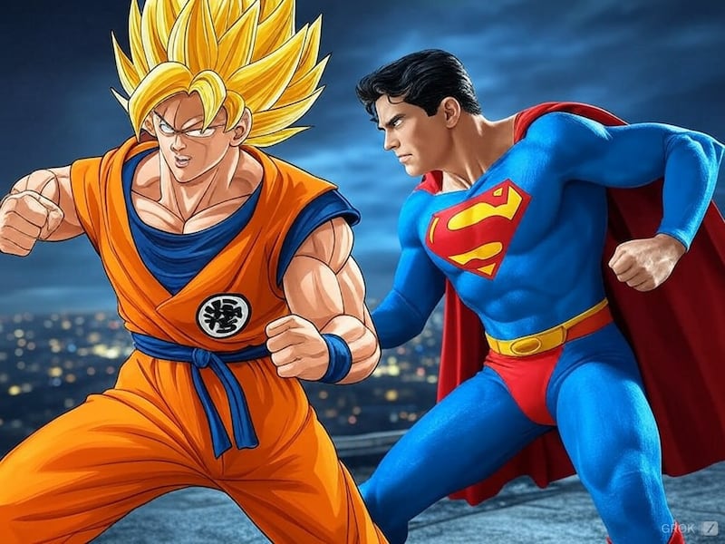 Goku de Dragon Ball y Superman de DC Comics. Imagen generada por la inteligencia artificial de Grok