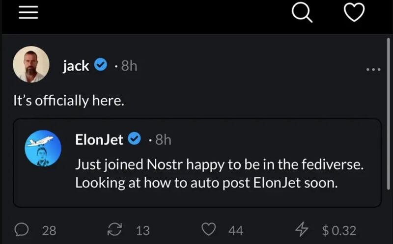 Una captura de pantalla de Jack Dorsey dando la bienvenida a @ElonJet en Nostr