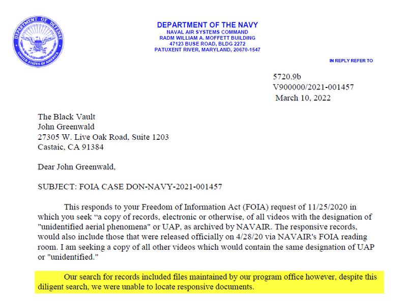 Con esta carta, la Marina de Estados Unidos negó el acceso público a más videos de ovnis.